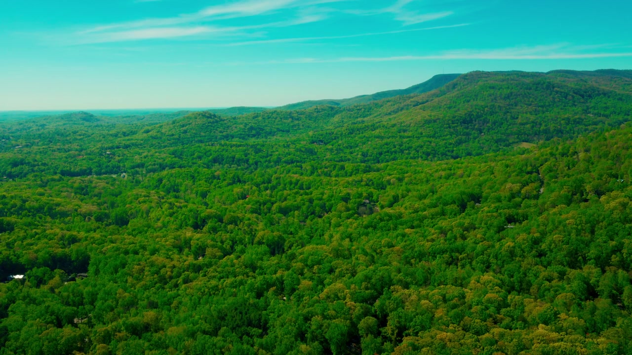 Pedemontana degli Appalachi Blue Ridge nella Carolina del Nord occidentale, vicino a Tryon, con una lussureggiante volta forestale primaverile, creste stratificate che sfumano in una foschia blu atmosferica