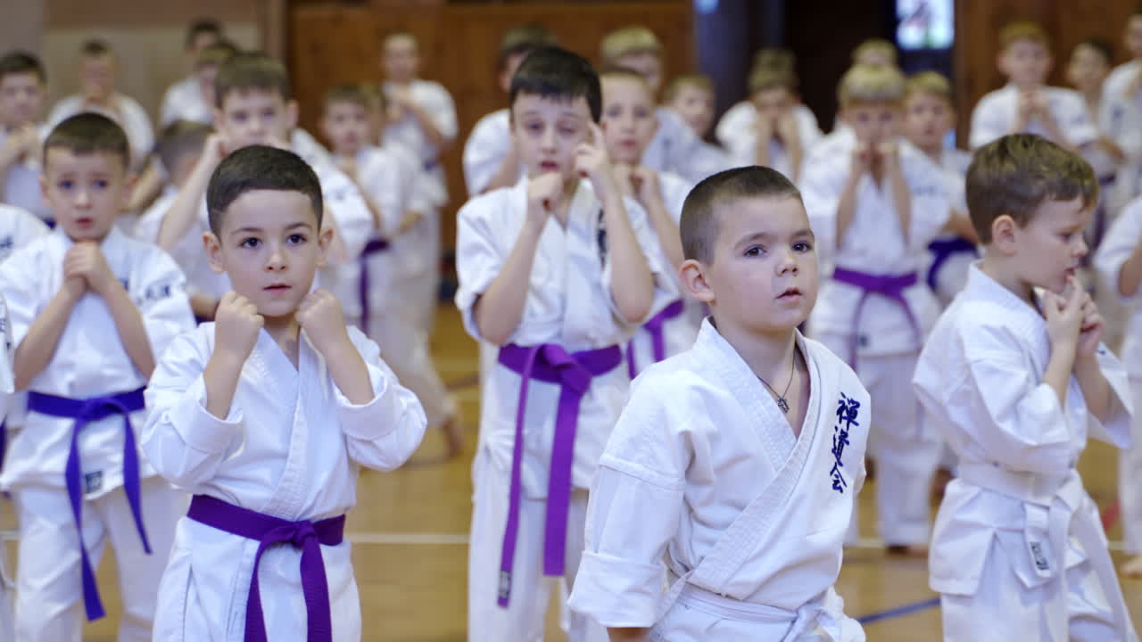 Young boys in white kimonos and purple belts make kicks with their legs. Little trainees watch attentively every master's move.