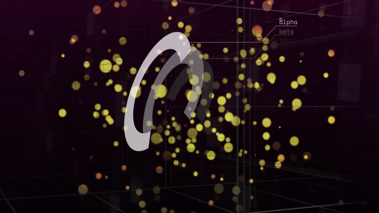 Particle cloud forming triggers curved logo rotating and emerging among bokeh to reveal brand