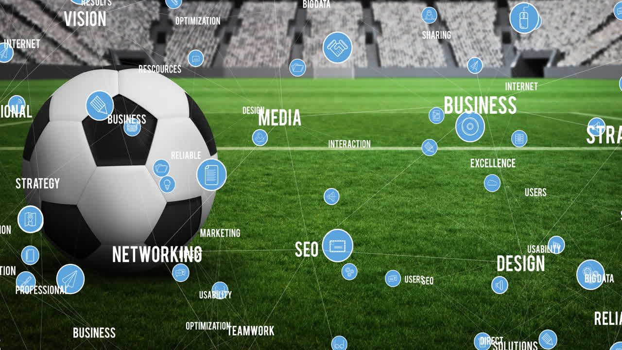 연결 네트워크의 애니메이션과 축구에 대한 텍스트, 스포츠 경기장의 비어있는 스탠드