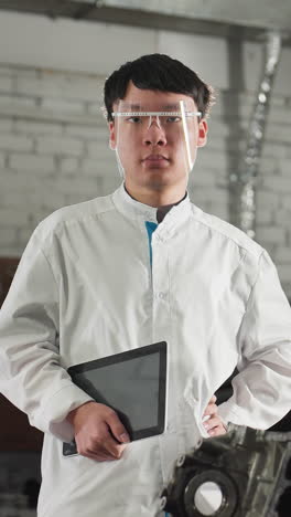 ingeniero mecánico con bata de laboratorio y gafas de protección se encuentra en el taller automotriz con la mano en la cintura mientras sostiene la tableta y asume con la cabeza, el fondo presenta automóvil estacionado y herramientas de trabajo