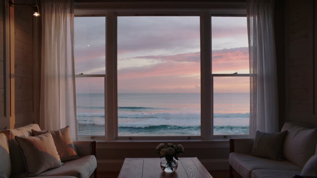 Swell driving ocean view framed by 3-pane window moving to shore as sunset deepening, with sofas