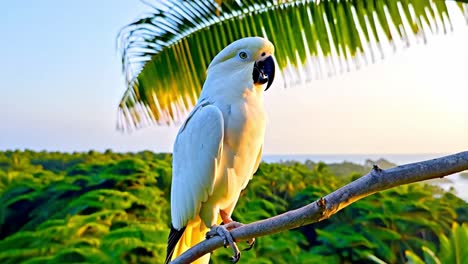 white cockatoo parrot perched on a branch in a tropical setting