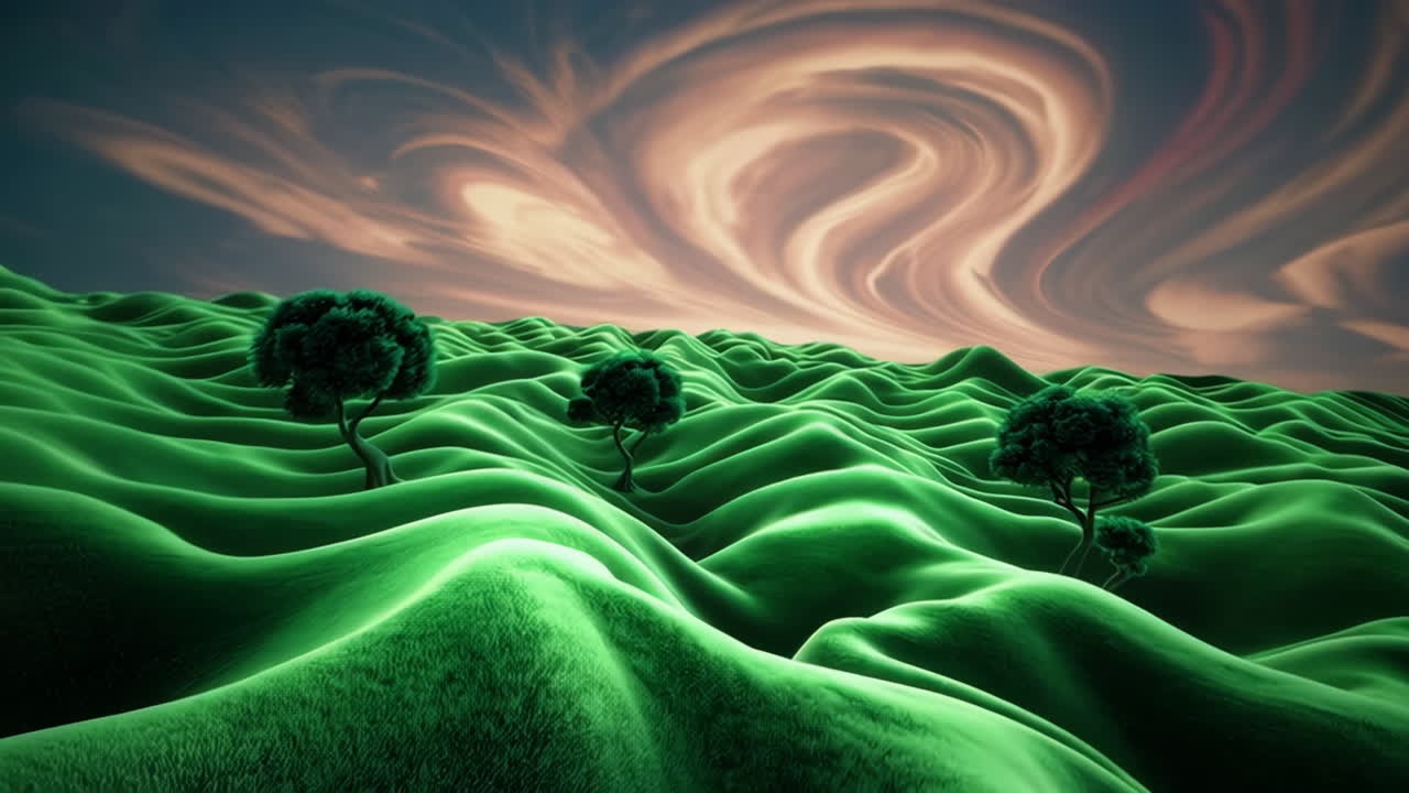 Surreal Abstract Landscapes with Undulating Hills and Stylized Trees