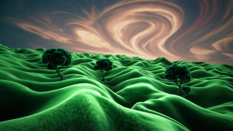 surreal abstract landscapes with undulating hills and stylized trees