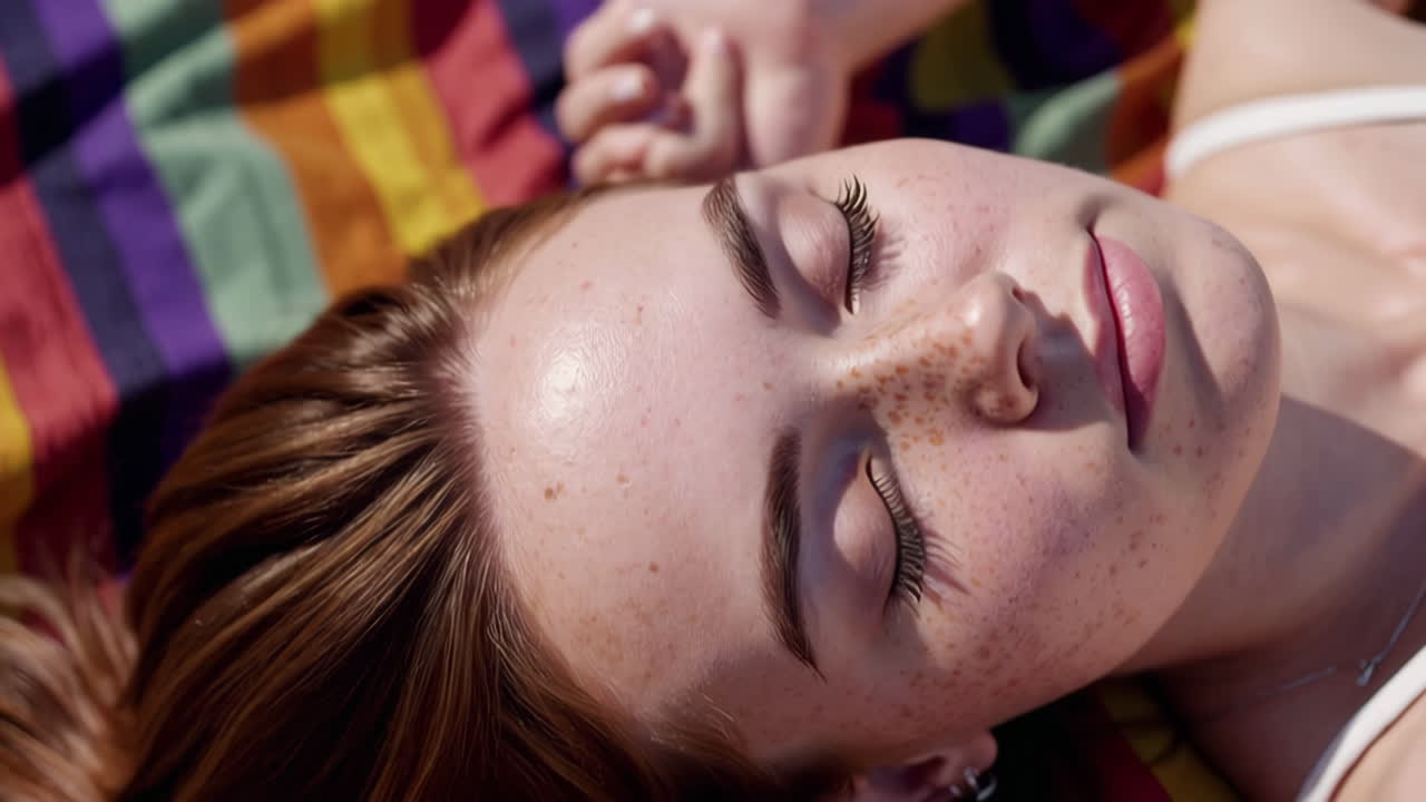 Close-up of a woman with freckles relaxing on a striped blanket