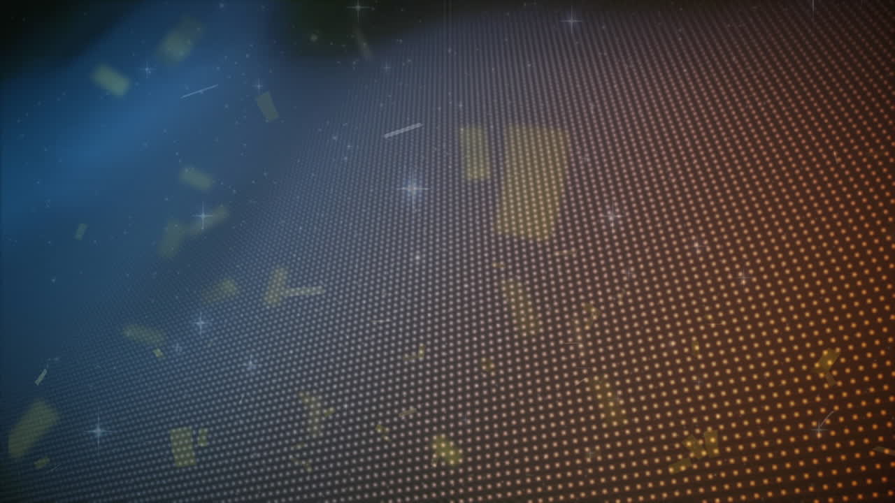 Animation of confetti and stars over red dots on black background