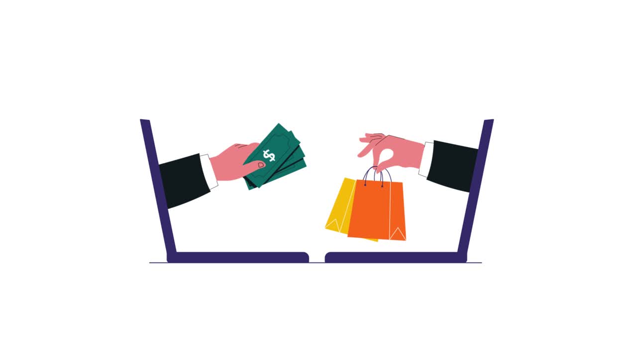 Hands Exchanging Money and Shopping Bags from Laptops for Online Shopping