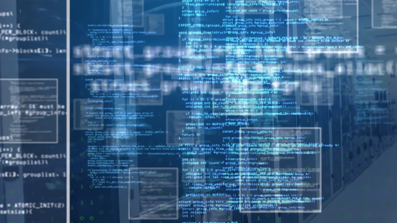 Animation of squares and computer language over binary codes against server room