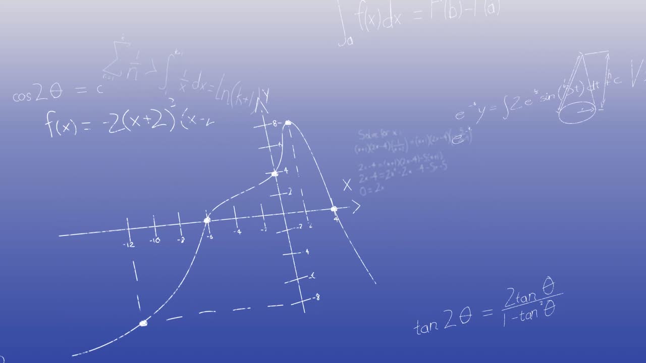 파란색 배경 위에 수학적 데이터 처리의 애니메이션