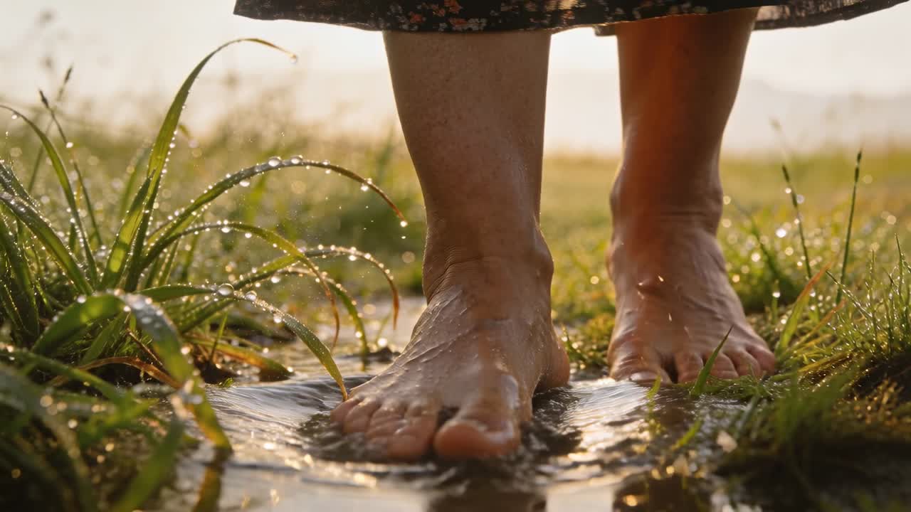 Woman walking barefoot in meadow, stepping into puddle, creating ripples and showing dew for health