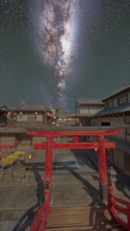 night view of a traditional japanese town with a torii gate and the milky way