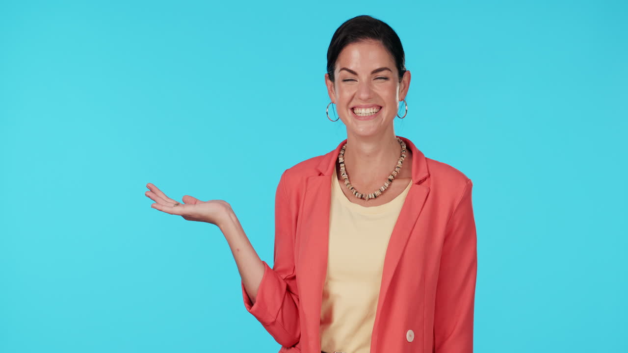 retrato, mujer de negocios y mano