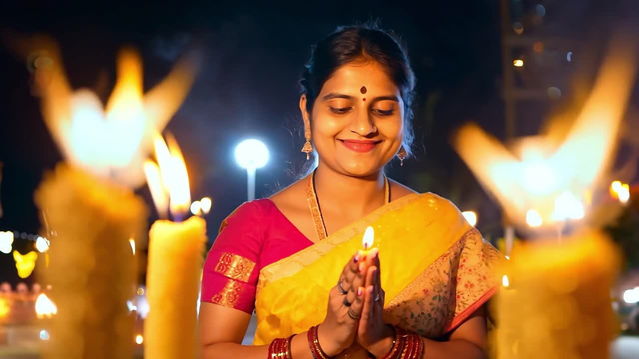 mujer india orando con velas en la noche