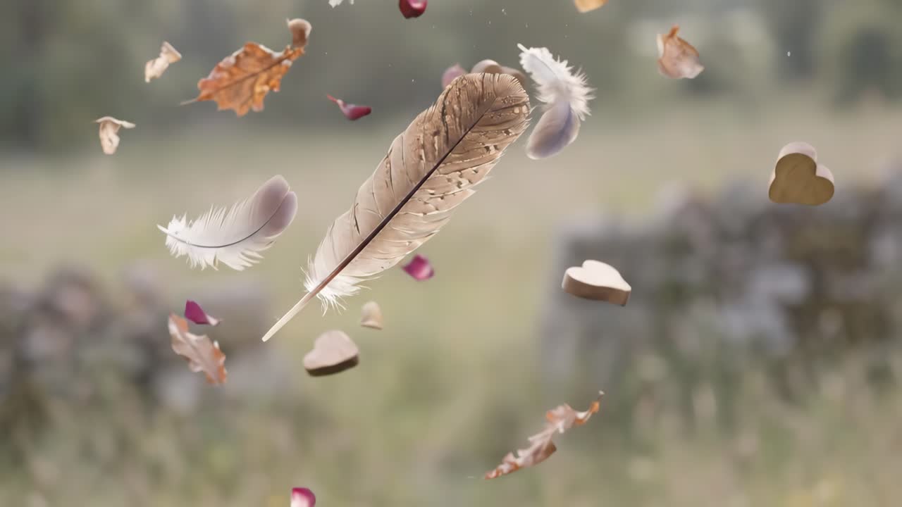 Fjer, træhjerter, blade og kronblade falder blidt i slowmotion