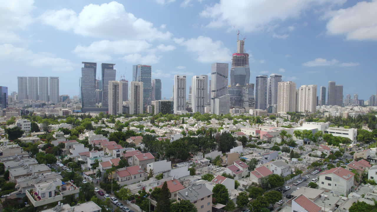 Tel Aviv skyline rooftop shot capturing Ramat Gan towers and central skyscrapers framed by urban neighborhoods beneath clear calm morning blue sky