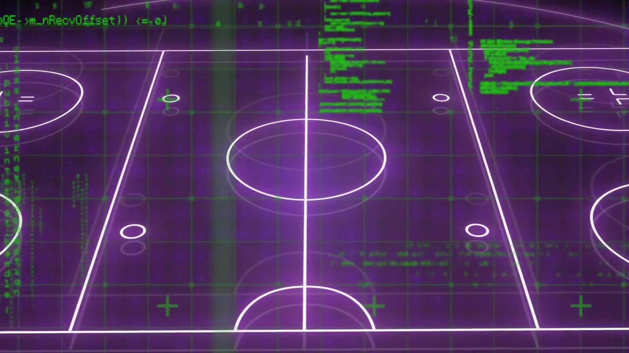 Green code streaming starting wireframe plane outlining, rotating and tilting for cyberspace demo
