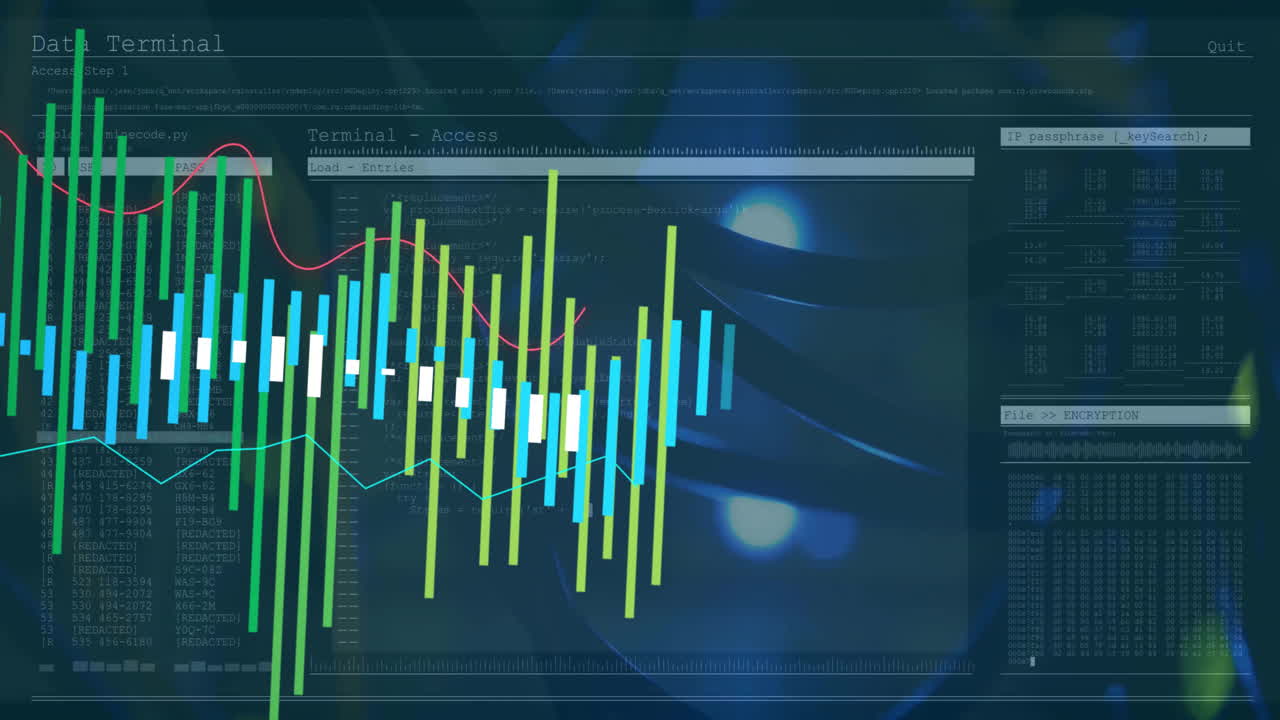 Animation of data processing and diagrams over server room