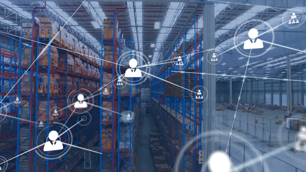 animación de la red de iconos de perfil contra la vista aérea del almacén