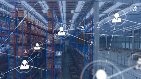 Animation-of-network-of-profile-icons-against-aerial-view-of-warehouse