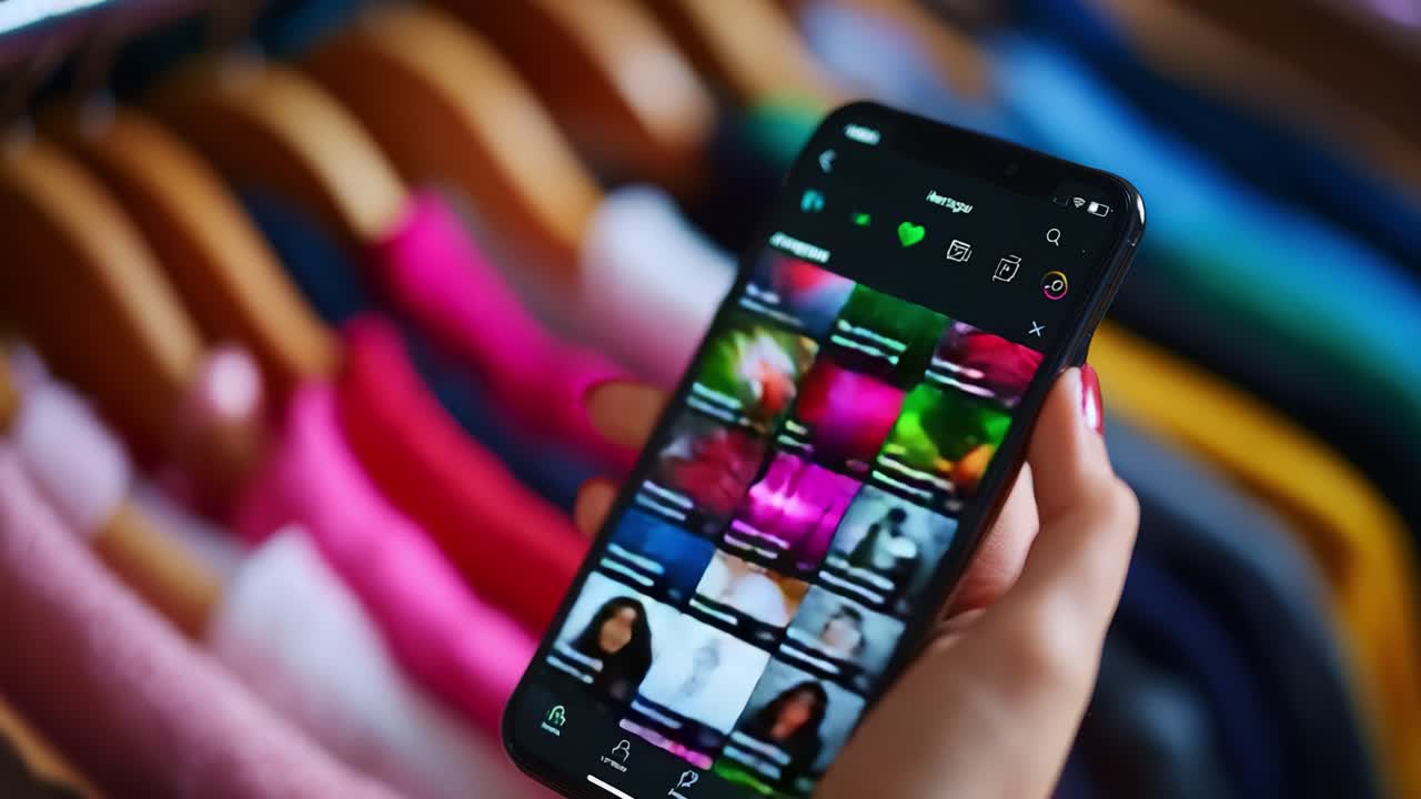 Nærbillede af en smartphone, der viser farverige frisurer med farverige tekstiler i baggrunden, og som fremviser en spændende samling af hårinspiration gennem levende billeder