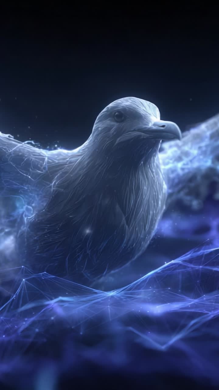 Una rappresentazione eterea di un uccello, che mette in mostra dettagli intricati e una luminescenza ipnotica, racchiudendo una fusione di natura e tecnologia in movimento