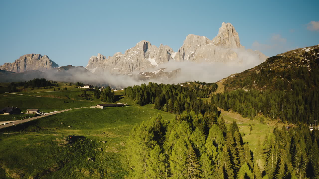 Volo aereo idilliaco sopra pini verdi con le Pale di San Martino (Dolomiti) sullo sfondo
