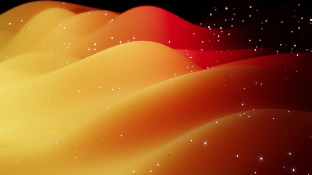 아름다운 파도, 빛나는 반이는 빛, 밝은 색 gradient, 빨간색, 오렌지색, 노란색과 함께 추상적인 3d 표면, 반이는 반이는 매트 표면에서 파도가 실행됩니다.