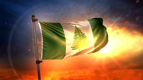 la bandera de la isla de norfolk iluminada por detrás en un hermoso ciclo de amanecer en cámara lenta 4k