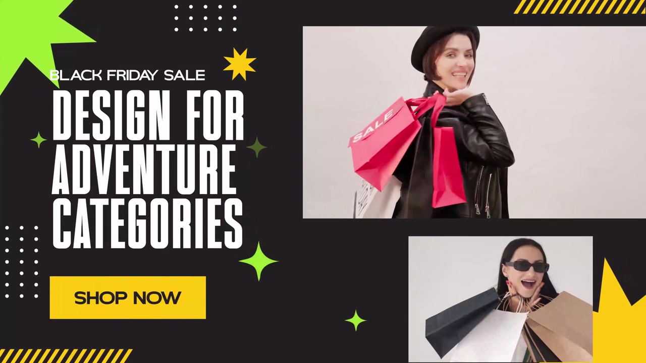 Mujer feliz posando con bolsas de compra de la venta del Black Friday.