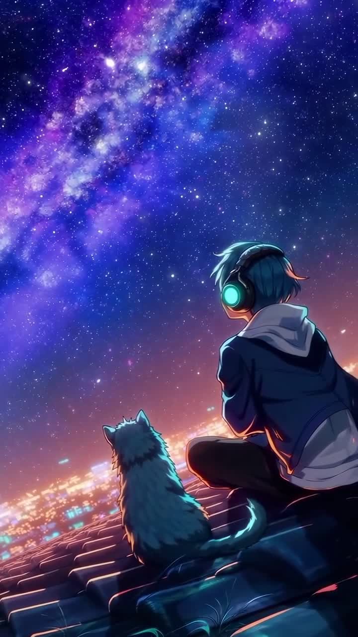 Concetto video in stile anime di una persona e un gatto che osservano le stelle, ripreso da un'angolazione bassa