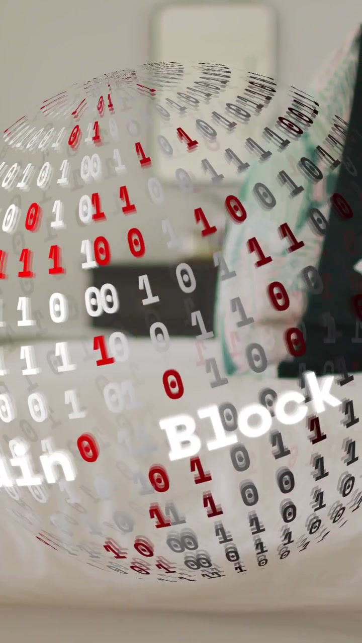 Vertical video: App start blockchain globe turning, showing room and user with teal cloth for demo