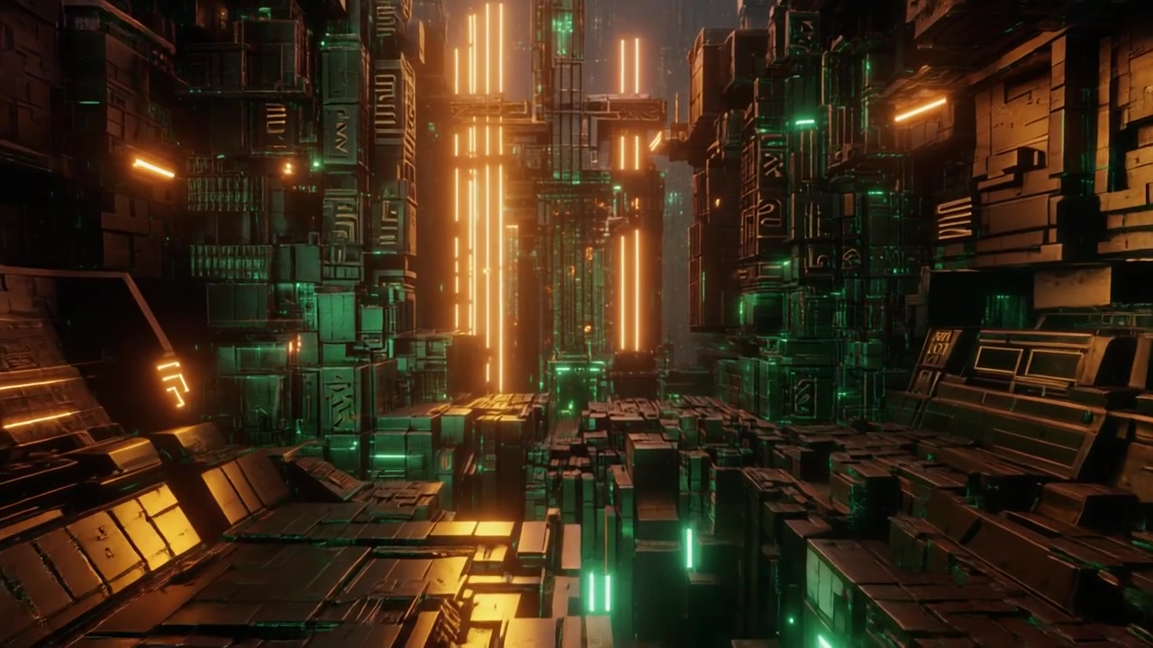 Futuristic Cyberpunk Cityscape with Glowing Neon Lights and Geometric Structures