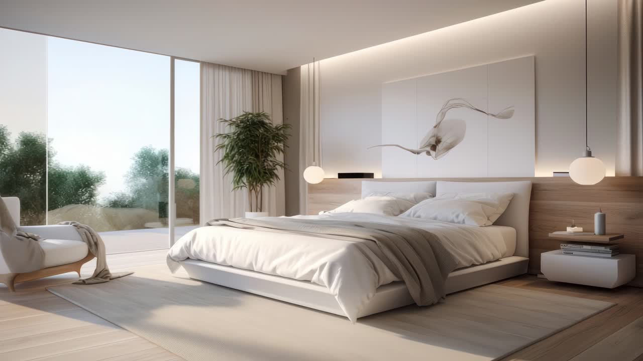 Camera da letto moderna e minimalista con vista dal basso, caratterizzata da luce naturale, mobili eleganti e morbidi.