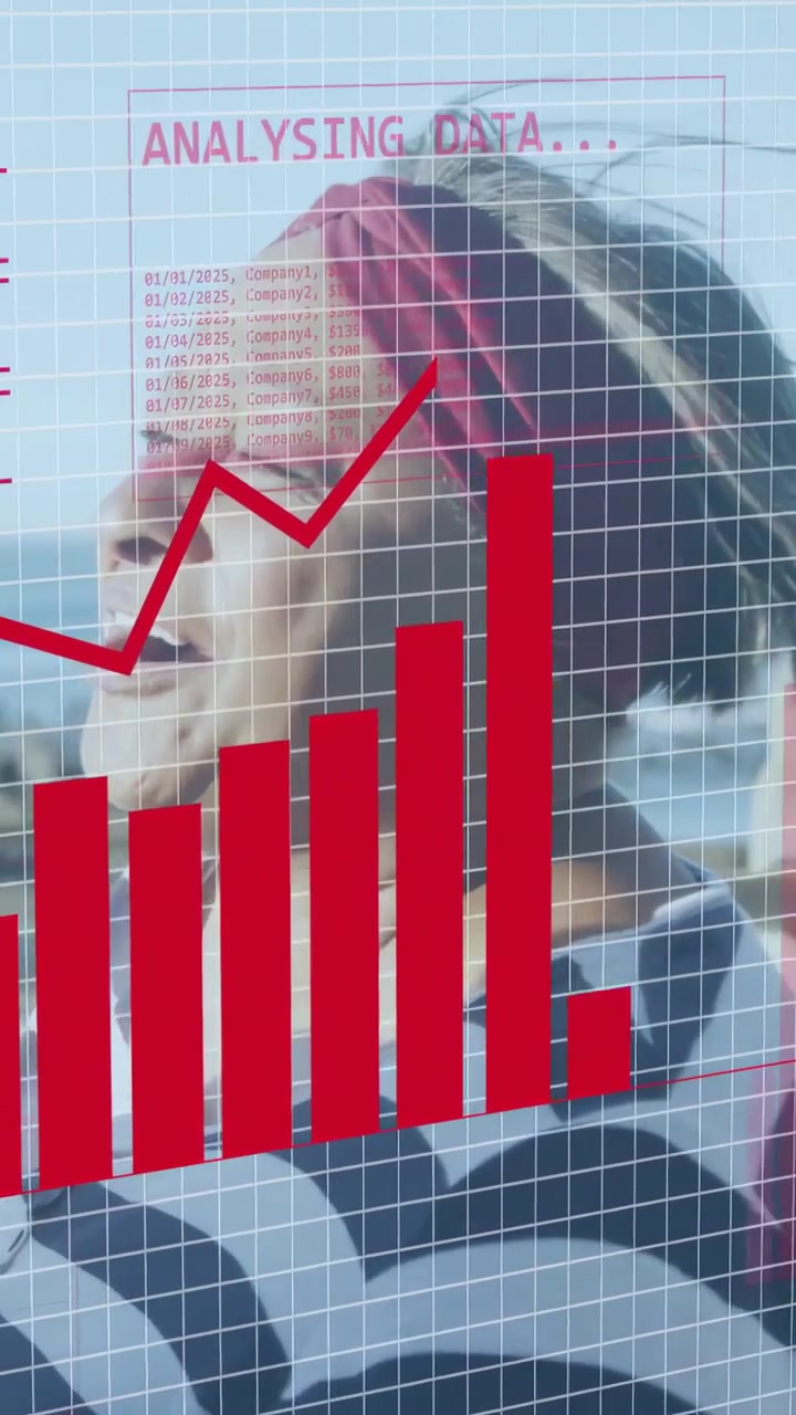 Vertical video: Grid appearing woman smiling, turning as red charts layering portrait for analytics