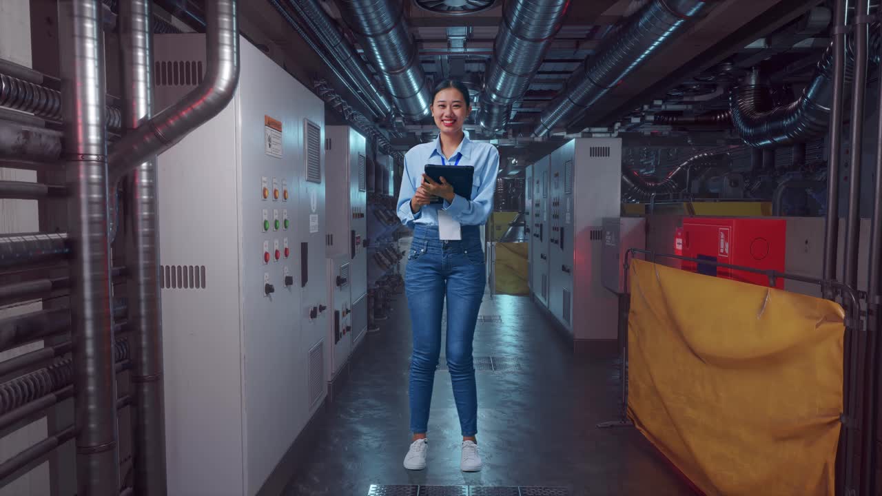 Full Body Of An Asian Female Professional Worker Standing In Engine Control Room, Typing On Tablet'S Keyboard And Looking Camera And Smiling