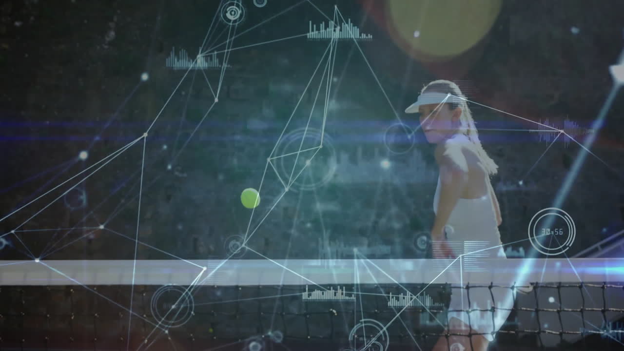 female tennis player swinging racket with floating ball on court, overlaying technology graphics