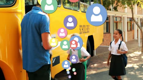 social icons over young people getting on bus.