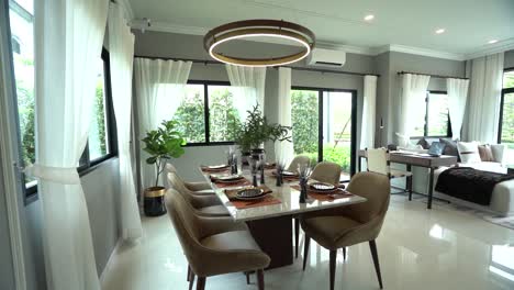 Elegante-Comedor-Beige-Y-Blanco,-Decoración-Del-Hogar-De-Planta-Abierta