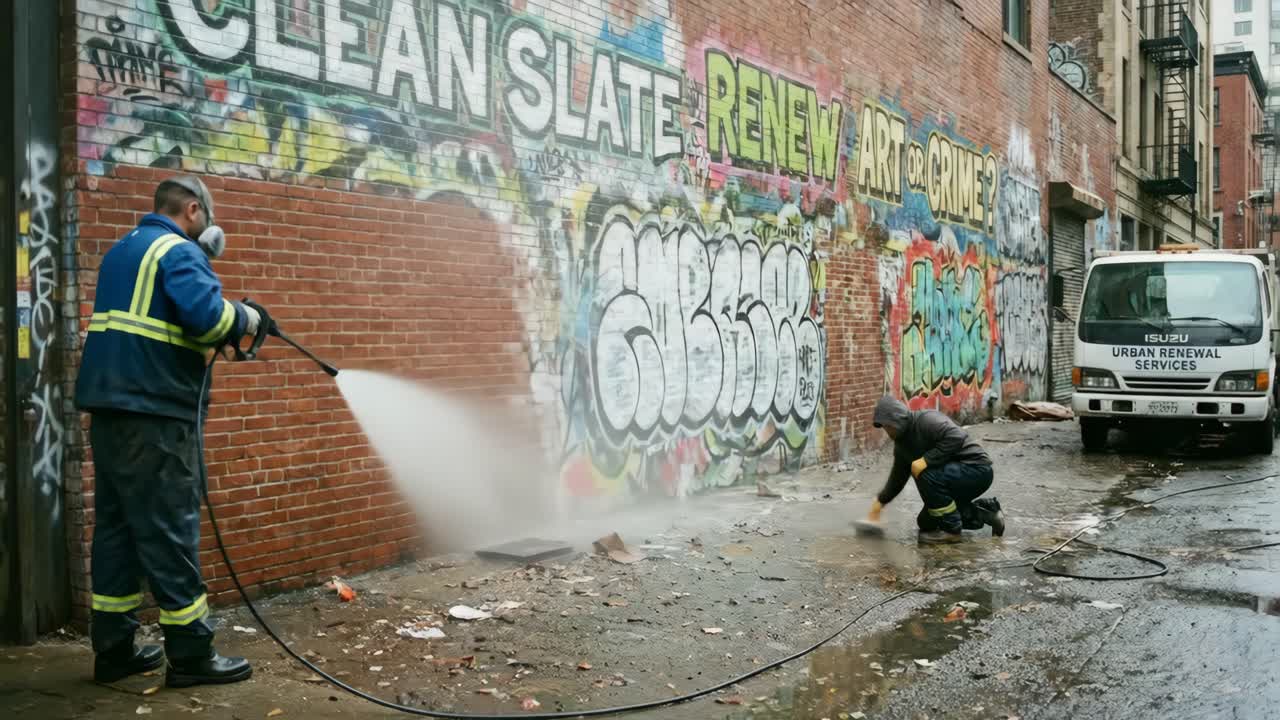 Operai che rimuovono graffiti da un muro di mattoni in un vicolo urbano con idropulitrici