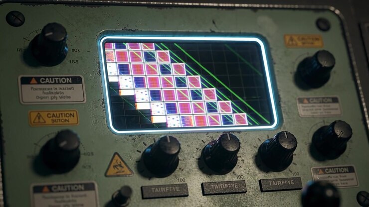 Animating illuminated display showing diagonal tiles on rugged green panel during boot, with knobs