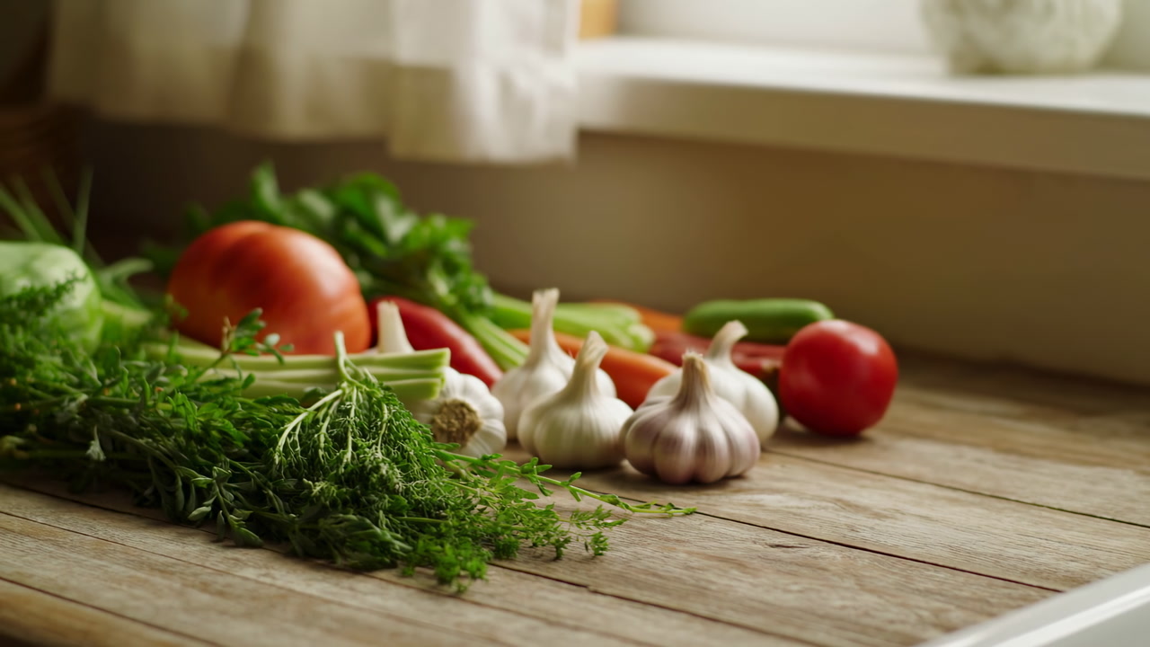 Fresh Organic Vegetables and Herbs on a Rustic Wooden Table