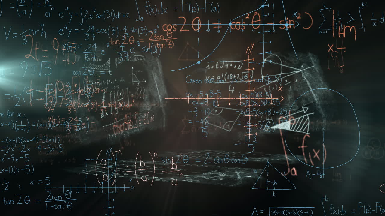 animación digital de ecuaciones matemáticas, símbolos y diagramas contra un fondo verde
