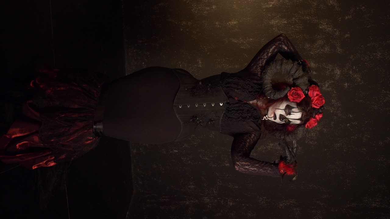 Catrina Cosplay girl moving slowly inviting you to come with a black background, Full shot