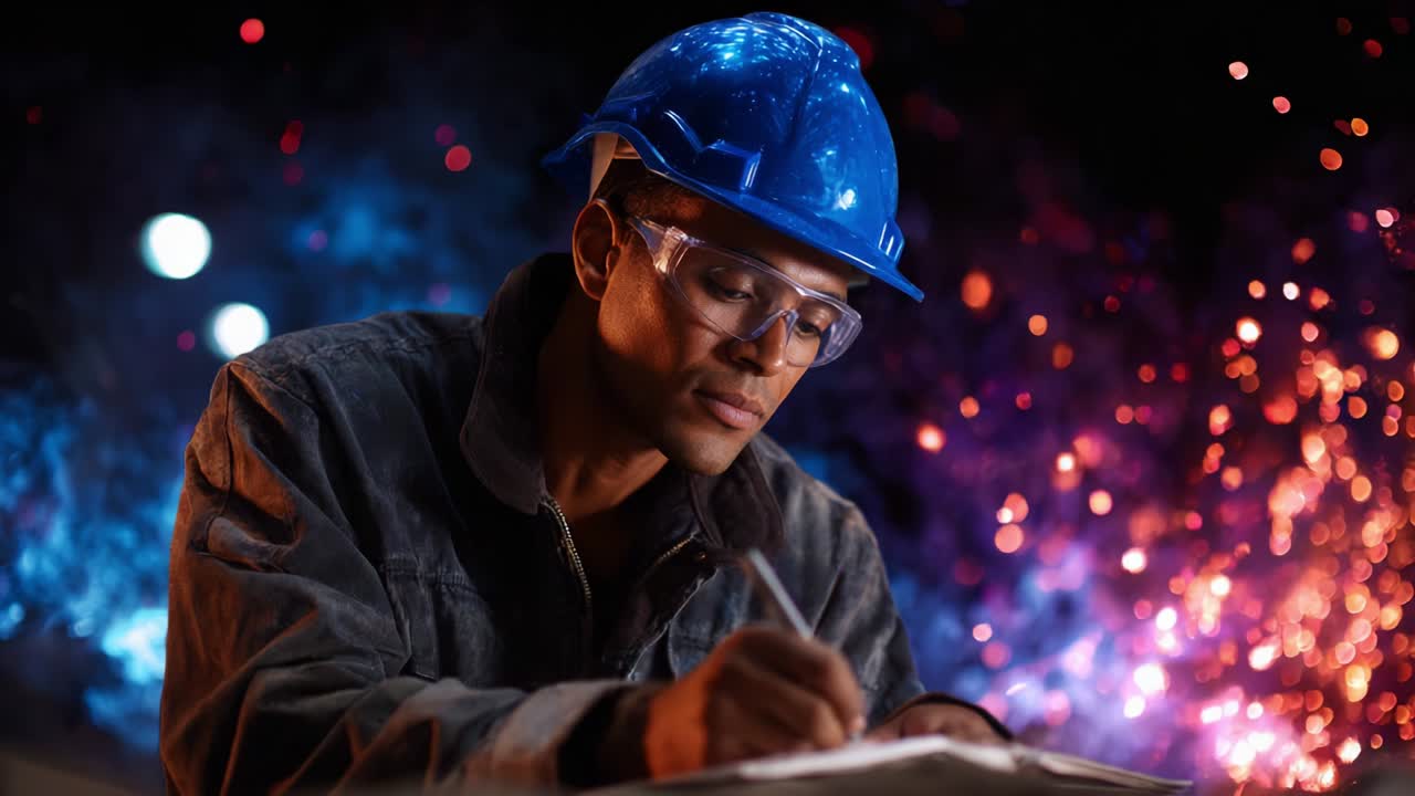 Un lavoratore concentrato che prende appunti diligentemente in mezzo a una scena drammatica di scintille colorate e bagliori notturni, evidenziando l'importanza della sicurezza e della precisione in un ambiente di lavoro dinamico