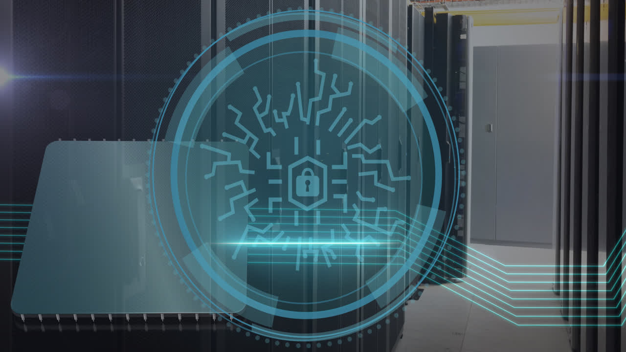Animation of padlock icon over data processing and server room