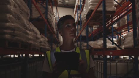 Female-warehouse-worker-patrolling-warehouse-corridor-at-night-4k
