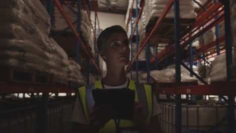 trabajadora de almacén que patrulla el corredor del almacén por la noche 4k