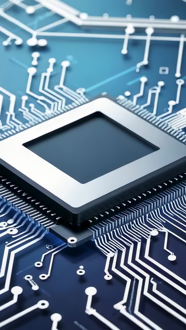 Vertical video: Starting camera tilting over blue PCB, revealing microchip traces and solder points