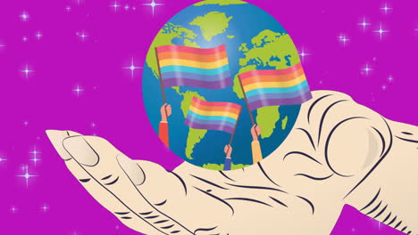 animation of hand holding globe with lgbtq flags over purple background